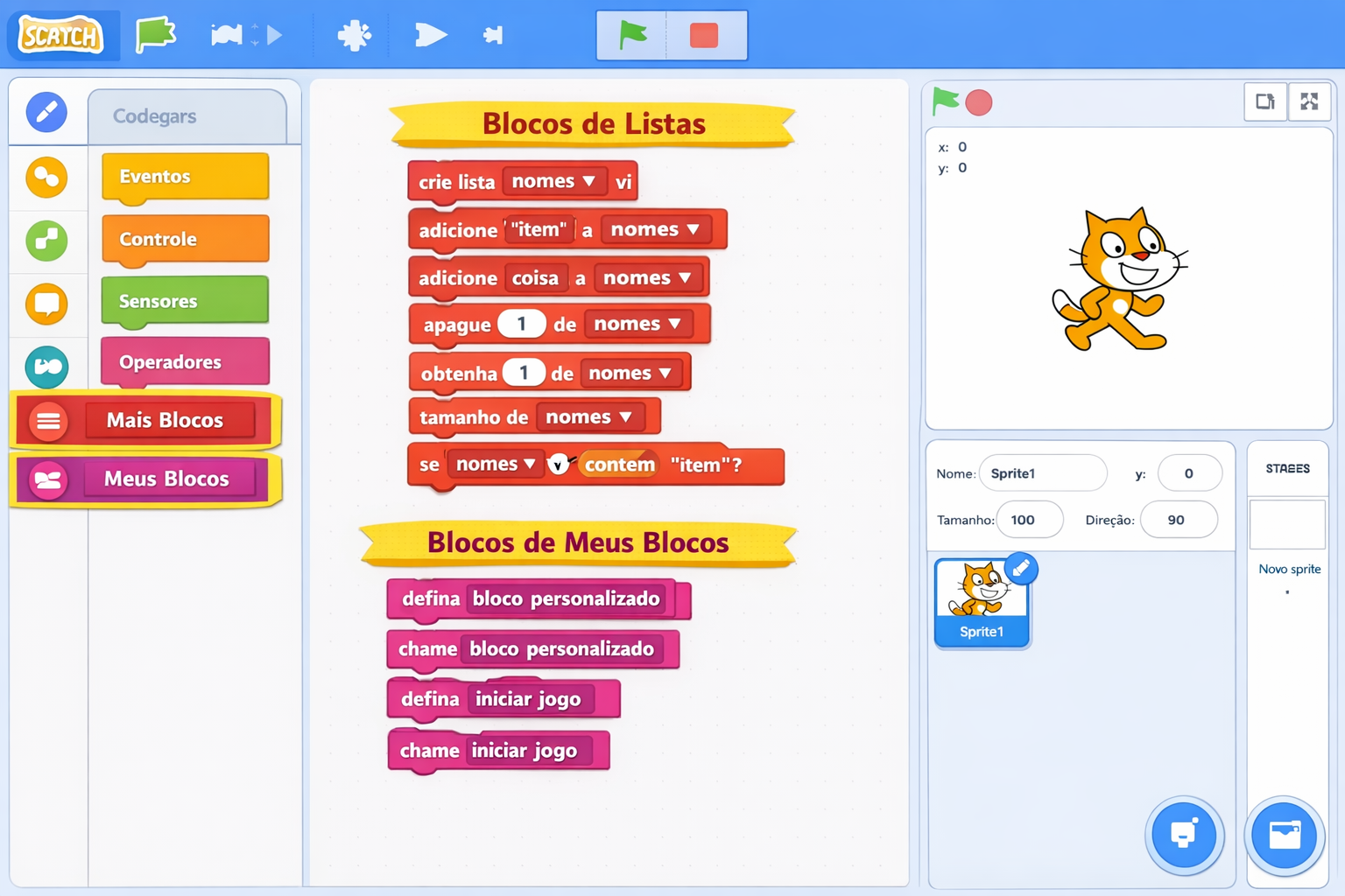 Interface do Scratch destacando blocos de Listas e Meus Blocos
