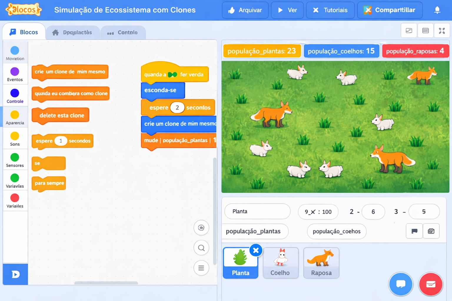 Simulação de ecossistema com clones no Scratch