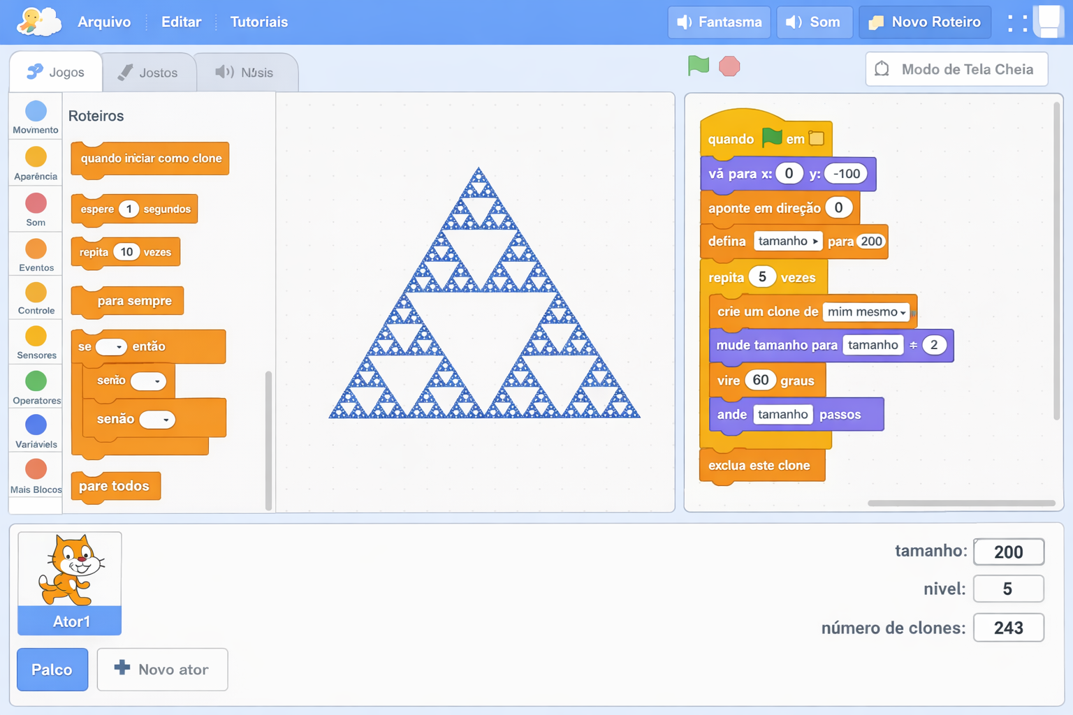 Fractal gerado por clones no Scratch