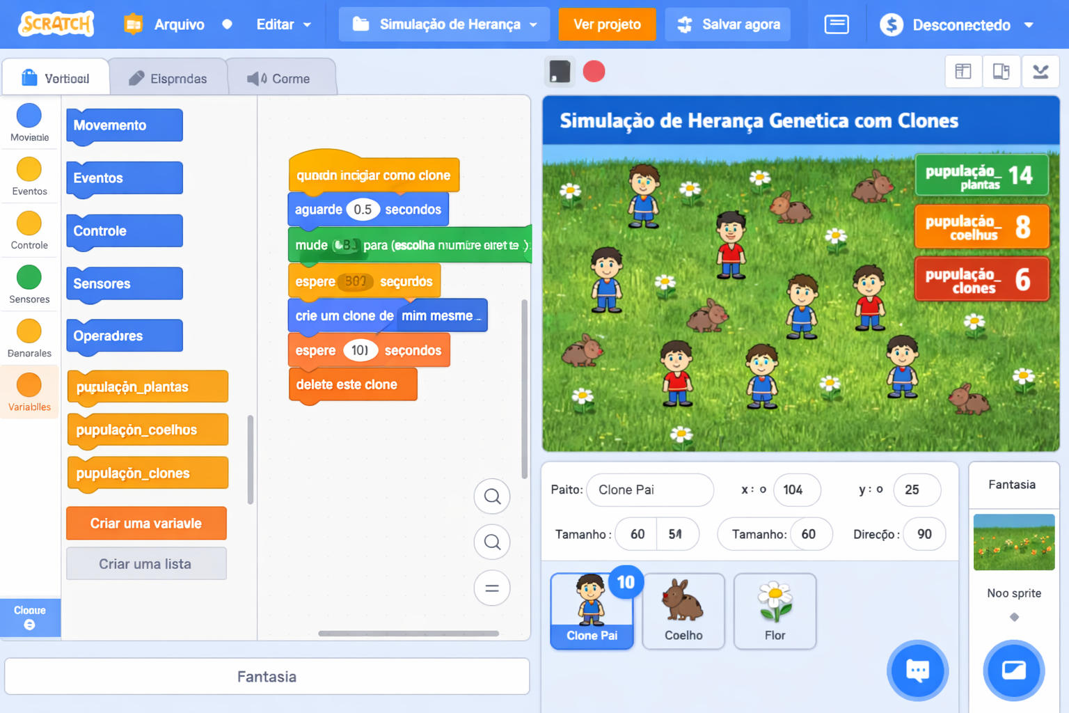 Simulação de herança genética com clones no Scratch