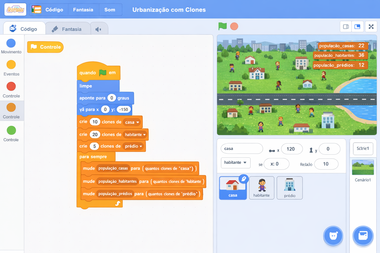 Simulação de urbanização com clones no Scratch